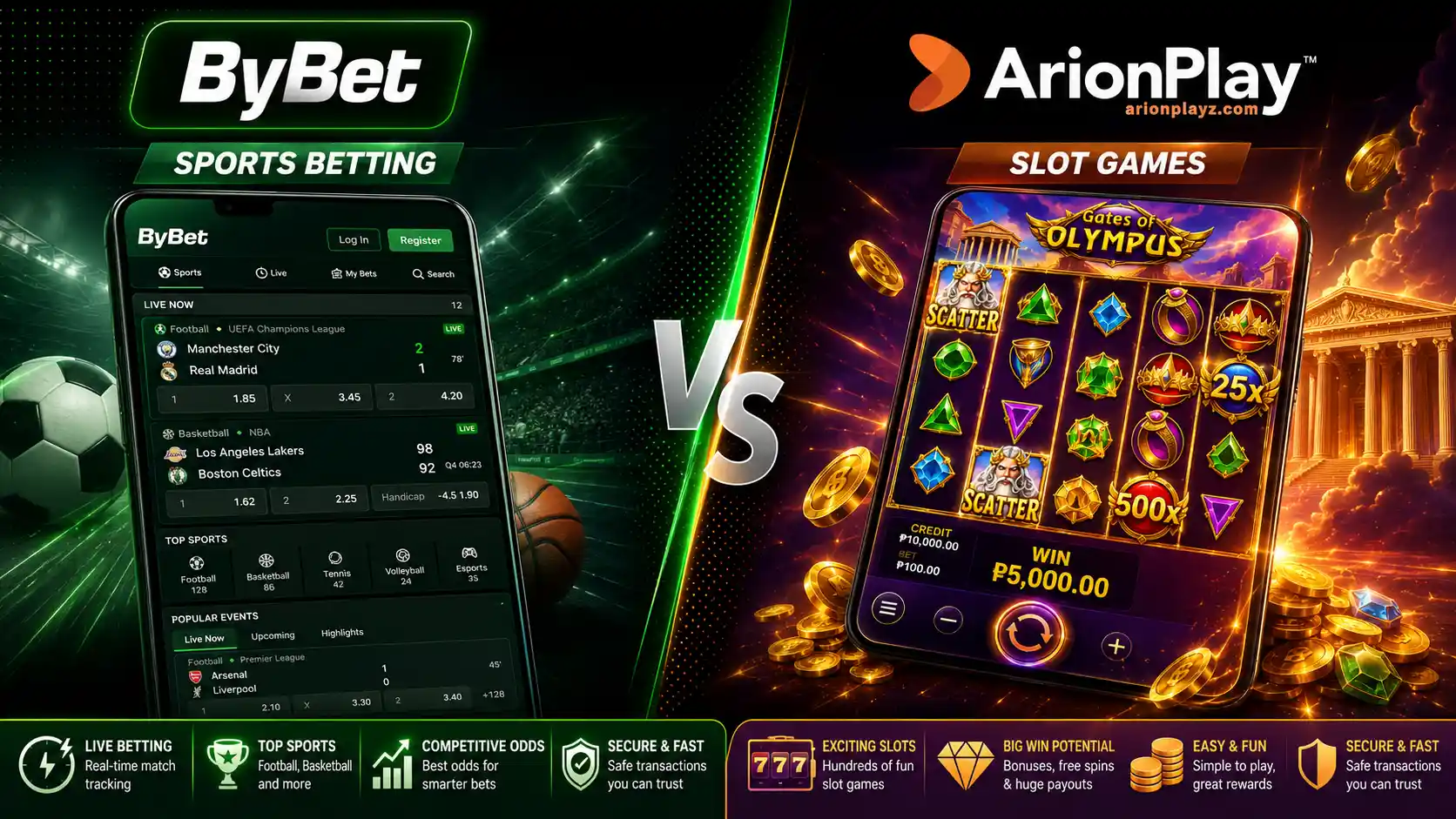 Bybet sports betting vs Arionplay slot games comparison.